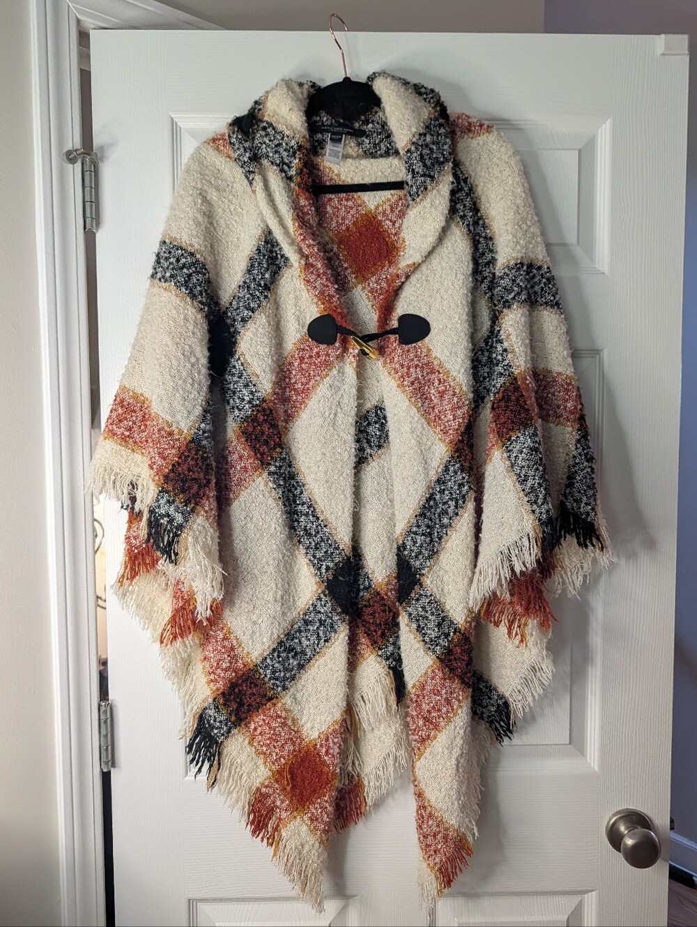 Marc New York Andrew Marc Plaid Blanket Poncho Cape Fringe Toggle One Size